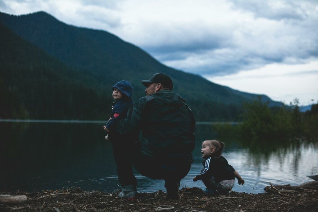 family at lake